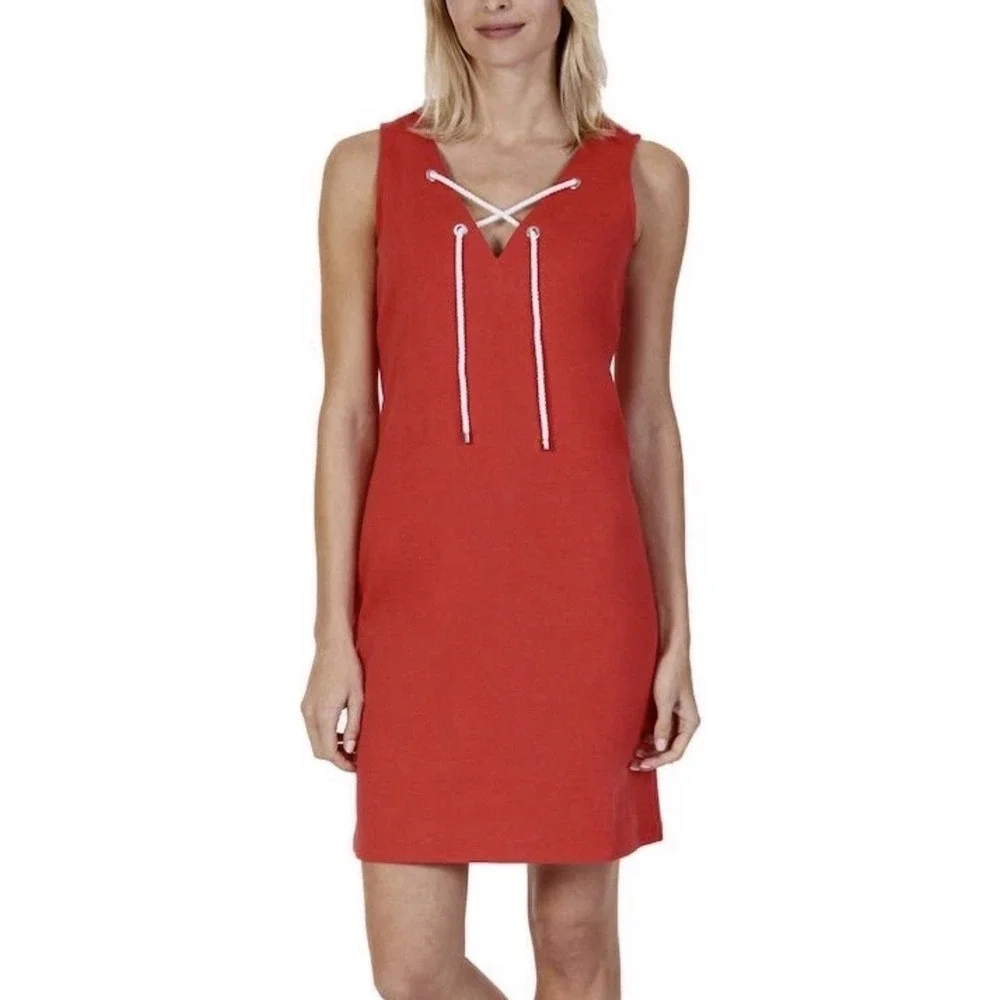 Nautica Women's Size Medium Coral Tie V-Neck 100% Cotton Shift Mini Dress NWOT